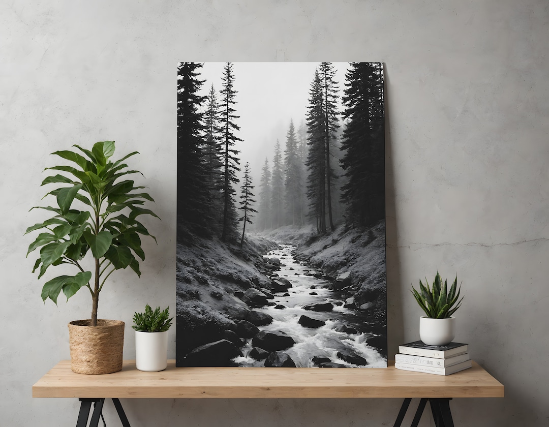 Black and White Forest River, Misty Landscape Photo, Nature Wall Art ...