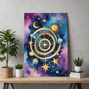 Arte de la brújula celestial estrellada, decoración de astronomía náutica, mapa de estrellas de acuarela, navegación espacial etérea, arte de pared de guía cósmica