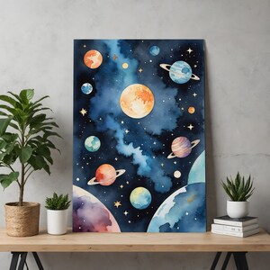 Celestial Planets Watercolor, Nursery Art Print, Space-Themed Kids Room Decor, Educational Wall Art