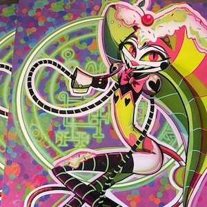 May include: A green and pink cartoon character with a large, green, jester hat with white frosting and sprinkles. The character is wearing a black and white striped outfit and has a long, black tail with a red tip. The character is standing on a pink background with colorful confetti.