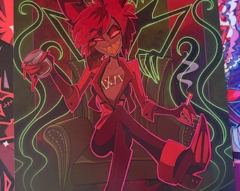 May include: A poster featuring a red cartoon character with a wide grin, seated on a throne. The character holds a drink and a cigarette, with a green, swirling design in the background. The character is wearing a red suit and black pants.