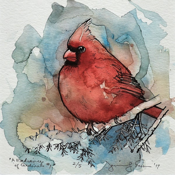 A Radiance of Cardinals Design #1 edition #2. This regal Cardinal sits on a snowy pine branch. Painted with watercolor wash on ink print.
