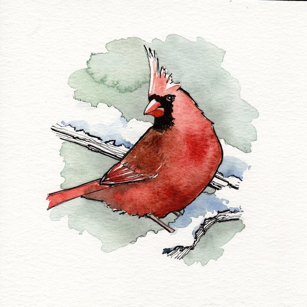A Radiance of Cardinals Design # 2 Edition #1.  This cocky Cardinal, painted in watercolors, is perched on a branch in the snow.