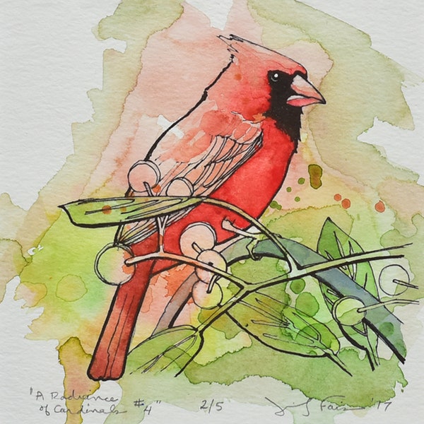 A Radiance of Cardinals Design #4, Edition #2. This Cardinal ink drawing on watercolor paper is finished in w/c washes of red & green.