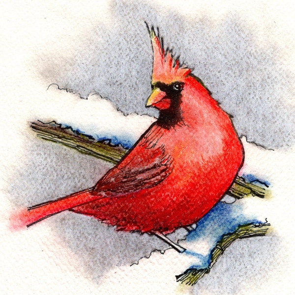 A Radiance of Cardinals Design #2 Edition #3.  Here the Cardinal is rendered in colored pencil and pastels to bring the ink drawing to life.