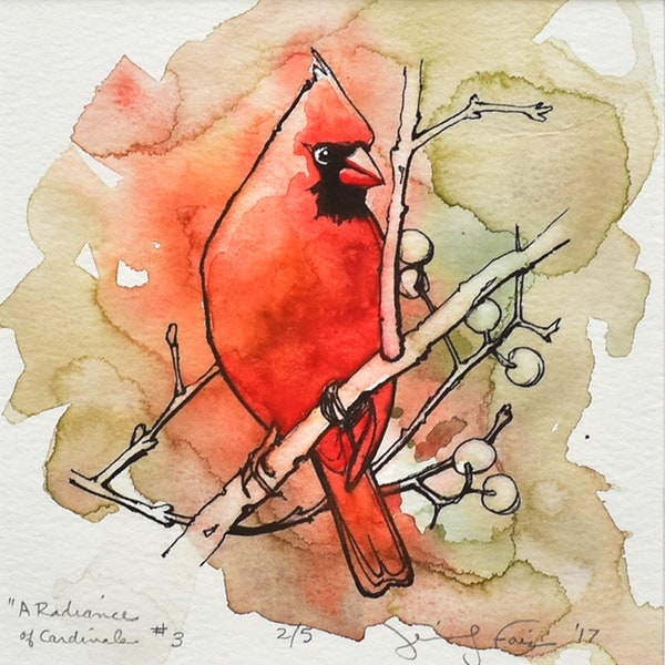 A Radiance of Cardinals: Design #3, edition #2.  An original Cardinal watercolor wash painting on my ink design printed on watercolor paper.
