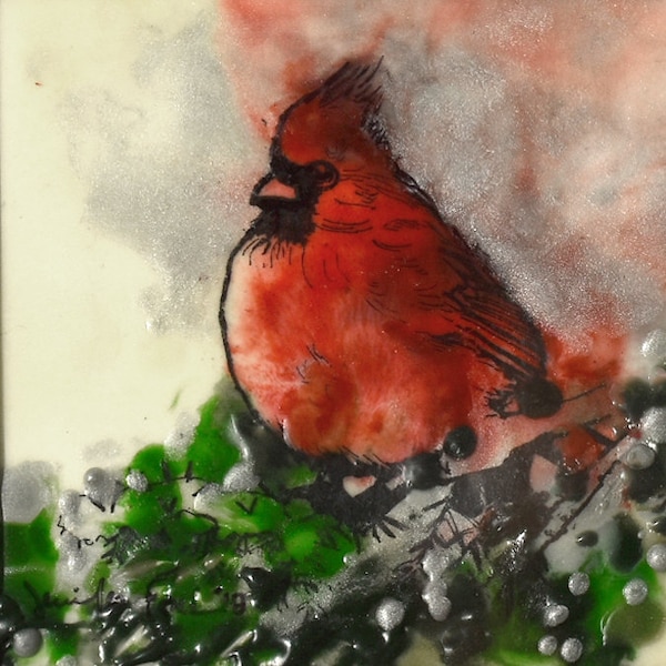 A Radiance of Cardinals Design #1, Edition #4. This Cardinal ink drawing is finished in encaustic painting in reds, greens and silvers.