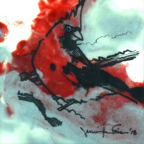 A Radiance of Cardinals Design #2, Edition #4. This Cardinal ink drawing is finished in encaustic painting in reds and silvers.