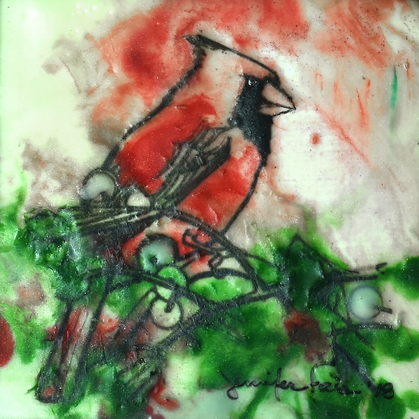 A Radiance of Cardinals Design #4, Edition #4. This Cardinal ink drawing is finished in encaustic painting in reds, greens and golds.
