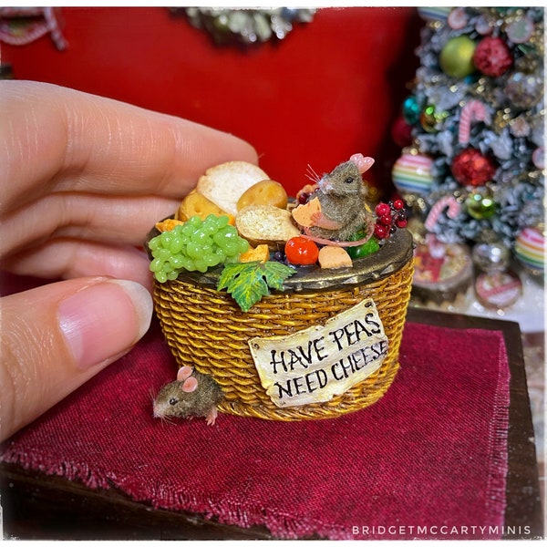 Dollhouse Miniature Pair of Mice in a picnic basket  OOAK Bridget McCarty Artisan 1:12