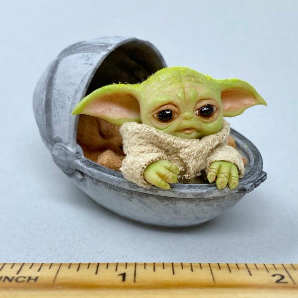 Dollhouse Miniature Baby Yoda in Crib OOAK Bridget McCarty Artisan 1:12