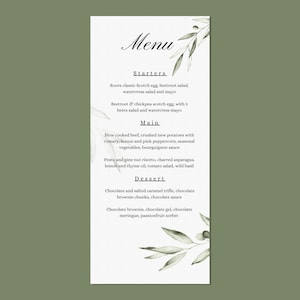May include: A menu with a watercolour illustration of olive branches. The menu lists starters, main courses, and desserts. The starters include Roors classic Scotch egg, beetroot salad, watercress salad and mayo, and Beetroot & chickpea scotch egg. The main courses include Slow cooked beef, crushed new potatoes with rosemary, lemon and pink peppercorn, seasonal vegetables, bourguignon sauce, and Pesto and pine nut risotto, charred asparagus, lemon and thyme oil, tomato salad, wild basil. The desserts include Chocolate and salted caramel trifle, chocolate brownie chunks, chocolate sauce, and Chocolate brownie, chocolate gel, chocolate meringue, passionfruit sorbet.