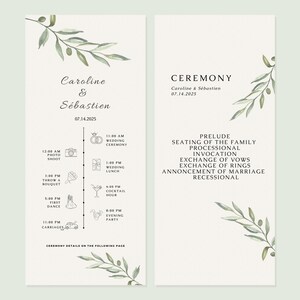 May include: A wedding ceremony timeline with a green olive branch design. The timeline includes the wedding ceremony, lunch, cocktail hour, first dance, and evening party. The text reads "Caroline & Sébastien 07.14.2025".