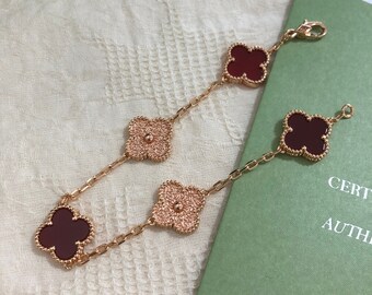 Auténtica pulsera VAN CLEEF de oro rosa de 18 quilates con cornalina y 5 motivos Guilloche Vintage Alhambra