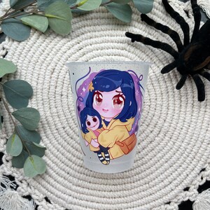 Coraline Jones Anime style Kids cup | 16oz Glitter Colored Water Tumbler | Plastic party Favor Cups | Girls & Boys mini Character Cup