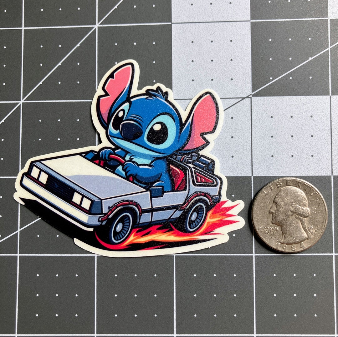 Stitch Driving a Delorean 3 Inch Sticker. Matte Finish. Water, Scratch ...