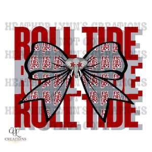 May include: A decorative bow with a gray and red pattern featuring the text "AL AB AM" repeated. The bow has a black outline and a gray elephant emblem in the center. The words "ROLL TIDE" are in red.