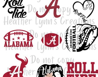 Può includere: Una collezione di grafiche a tema Alabama Crimson Tide. Include la scritta "Roll Tide", la lettera "A", un pallone da football e una silhouette di elefante. I colori sono rosso cremisi e nero.