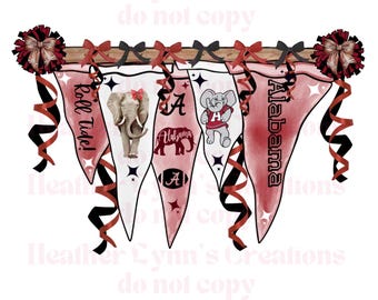 May include: A decorative banner featuring pennants with Alabama-themed designs. The pennants are white and red, with images of an elephant, the letter "A", and the word "Alabama". The banner is adorned with black and red ribbons and bows.