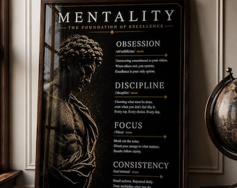 Op de afbeelding: Een ingelijste poster met het woord "MENTALITY" bovenaan, met een klassiek standbeeld en principes voor succes. De poster staat in een donkerhouten lijst, met een wereldbol en boeken op de achtergrond. De tekst bevat de woorden: Obsessie, Discipline, Focus en Consistentie.