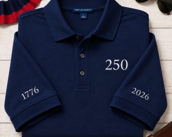 USA 250 Commemorative Polo Shirt | Embroidered 1776 2026 Sleeves | America's 250th Anniversary Gift | Patriotic Golf Shirt | Veteran Gift