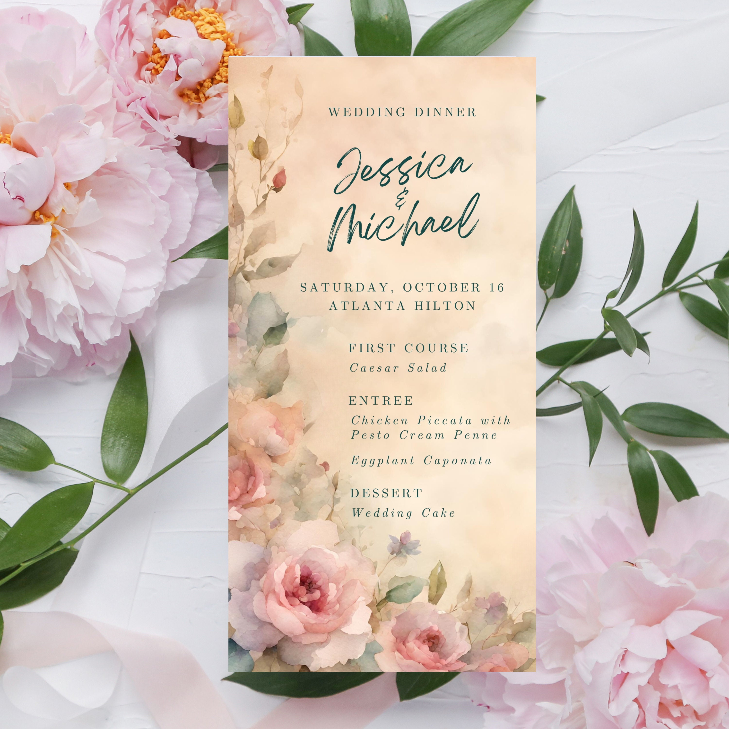 Jessica Watercolor Floral Menu, Printable Wedding Menu, Edit in Canva ...