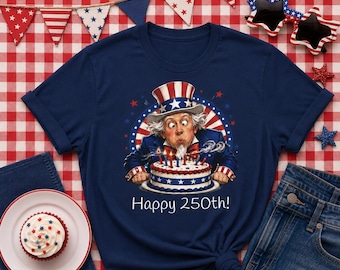 Camiseta engraçada do 250º aniversário do Tio Sam, Camiseta "Feliz 250º aniversário, América", Camiseta patriótica de aniversário dos EUA, Camiseta divertida com estampa do Quatro de Julho