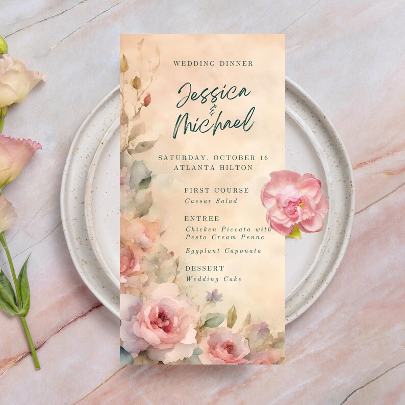Jessica Watercolor Floral Menu, Printable Wedding Menu, Edit in Canva ...