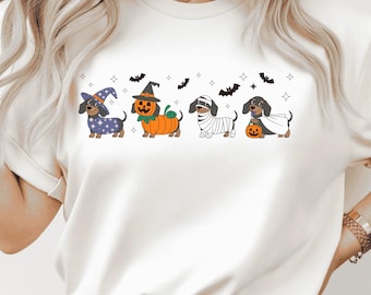Halloween T-shirt met teckel, schattig T-shirt met hondenprint voor de herfst