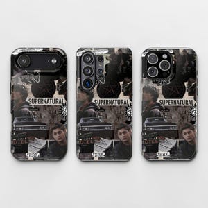 May include: Three phone cases featuring a collage design with the text SUPERNATURAL, JERK, and BITCH. The collage includes images of two men, a black car, a motel sign, a pentagram symbol, and various handwritten notes on a dark background.