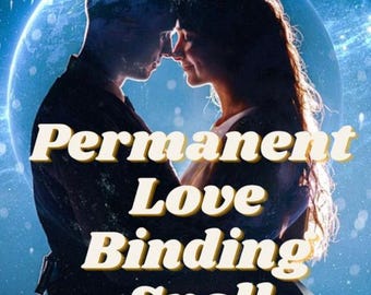 Könnte beinhalten: Ein Paar ist vor einem blauen Sternenhimmel mit einem Planeten im Hintergrund silhouettiert. Der Text "Permanent Love Binding Spell" ist über das Bild gelegt.