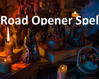 May include: A mystical scene with the text "Road Opener Spell" includes candles, statues, books, and a cauldron. The lighting is dim, with warm tones from the candles creating a magical atmosphere. A basket of flowers is also visible.