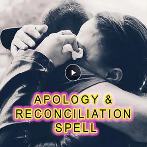 May include: Image of two people embracing, one wiping tears with a tissue. The text "APOLOGY & RECONCILIATION SPELL" is displayed in a neon-style font. The image has a soft, emotional tone.