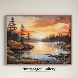 See Wald Sonnenuntergang Aquarell Malerei ländliche Herbst Landschaft druckbare Herbst Wald Wand Kunst Landschaft Herbst See Wand Kunst digitaler Download