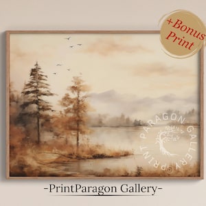 Foggy See Vintage Malerei Landschaft Herbst Landschaft Druckbare Herbst Wald Wand Kunst Rustikaler Herbst See Wald Kunst Digital Download