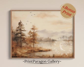 May include: A watercolor painting of a misty lake scene with two trees in the foreground and mountains in the background. The painting is in shades of brown, beige, and gray.