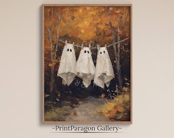 ヴィンテージハロウィンゴーストウォールアート不気味な装飾秋の装飾ダークコテージコアウォールアートゴースト油絵秋プリント魔女の装飾ゴーストプリント