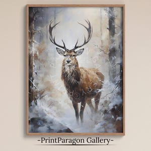 Winter Stag Oil Painting Snowy Forest Deer Print Country Winter Landscape Printable Winter Wall Art Digital Rural Animal Holiday Home Decor