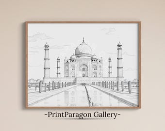 Taj Mahal B&W Sketch Indian Architecture Cityscape Wall Art City Line Art Painting Printable Graphite Drawing Ancient Architecture Print
