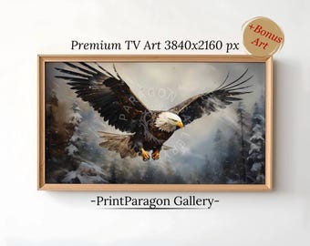 Cornice TV Samsung Eagle, dipinto invernale, arte con uccelli, foresta, parete, dipinto rustico con aquila calva, decorazione da fattoria, download digitale di Natale
