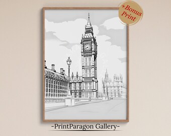 Impresión de boceto del Big Ben en blanco y negro, arte de pared de arquitectura londinense, decoración de pared de paisaje urbano, dibujo de grafito imprimible, decoración del hogar, gráfico arquitectónico