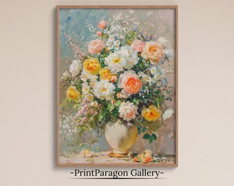 Vintage Flower Vase Oil Painting, Spring Flowers Print Art, Printable Vase Wall Art, Digital Flower Home Decor, Impressionism Vase Wall Art