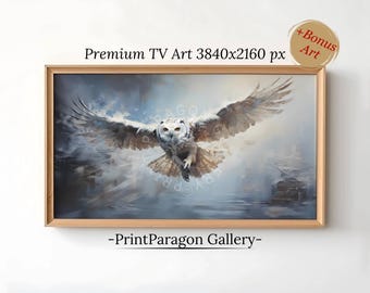 Cornice con gufo delle nevi per TV, arte moderna da parete, dipinto di gufo, foresta innevata, TV Samsung 4K, pittura invernale, decorazione digitale in stile rustico, arte murale con uccelli