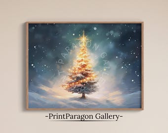 Pintura a óleo vintage de Natal, estampa de árvore de Natal, arte de parede de inverno, arte vintage para download, decoração sazonal de Natal.