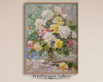 Spring Flower Vase Oil Painting Bouquet Flowers Print Art Floral Wall Decor Flowers Printable Spring Vase Home Decor Floral Wall Art Print