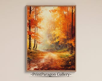 Herfst bospad herfst landschapsschilderkunst afdrukbare muur kunst rustieke herfst bos print boerderij decor digitale download