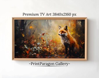 May include: A framed artwork showing a fox in a forest scene. The fox, with its orange and white fur, is the focal point, set against a backdrop of autumnal colours. The artwork is labelled "Premium TV Art 3840x2160 px" and "-PrintParagon Gallery-".
