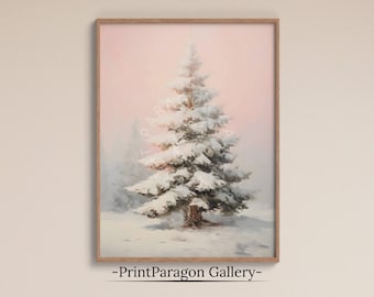 Pintura a óleo natalina vintage, arte de parede de inverno, impressão de árvore de Natal, arte vintage para download, decoração sazonal de Natal.