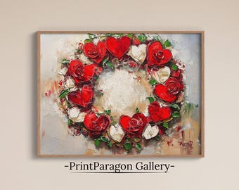 Vintage Valentine's Day Wreath Painting Printable Love Wall Art Anniversary Gift for Her Romantic Home Decor Hearts & Roses Digital Art