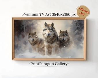Cornice per TV con lupo, dipinto a olio su tela con branco di lupi, TV Samsung 4K, decorazione da parete con foresta invernale, arredamento rustico per la casa, decorazioni in stile cottage, lupi grigi